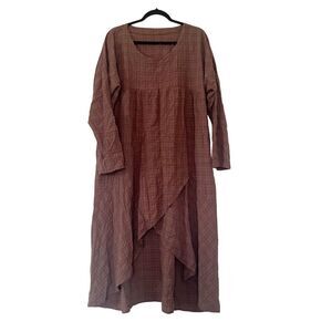 Cottagecore Brown Plaid Long Sleeve Hi/Lo Asymmetrical Hem Magic Maxi Dress